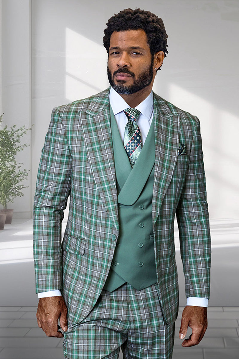 Men's Designer One Button Peak Lapel Italian Wool Suit With Double Breasted Vest Sage Green Plaid for Men Men's Designer One Button Peak Lapel Italian Wool Suit With Double Breasted Vest Sage Green Plaid for Men