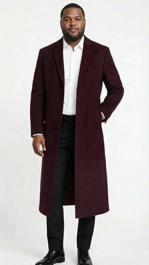 Mens Burgundy Long Coat Classic Fit Wool Blend Overcoat - Topcoat Full length