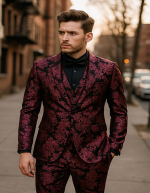 Mens Black and Deep Pink Floral Tuxedo Suit Slim Fit 2 Piece Formal Set with Matching Bow Tie
