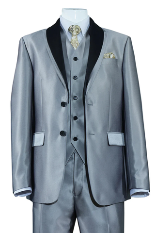 Mens Gray Tuxedo - Grey Wedding Suit-Mens 2 Button Vested Slim Fit Shiny Sharkskin In Silver Grey