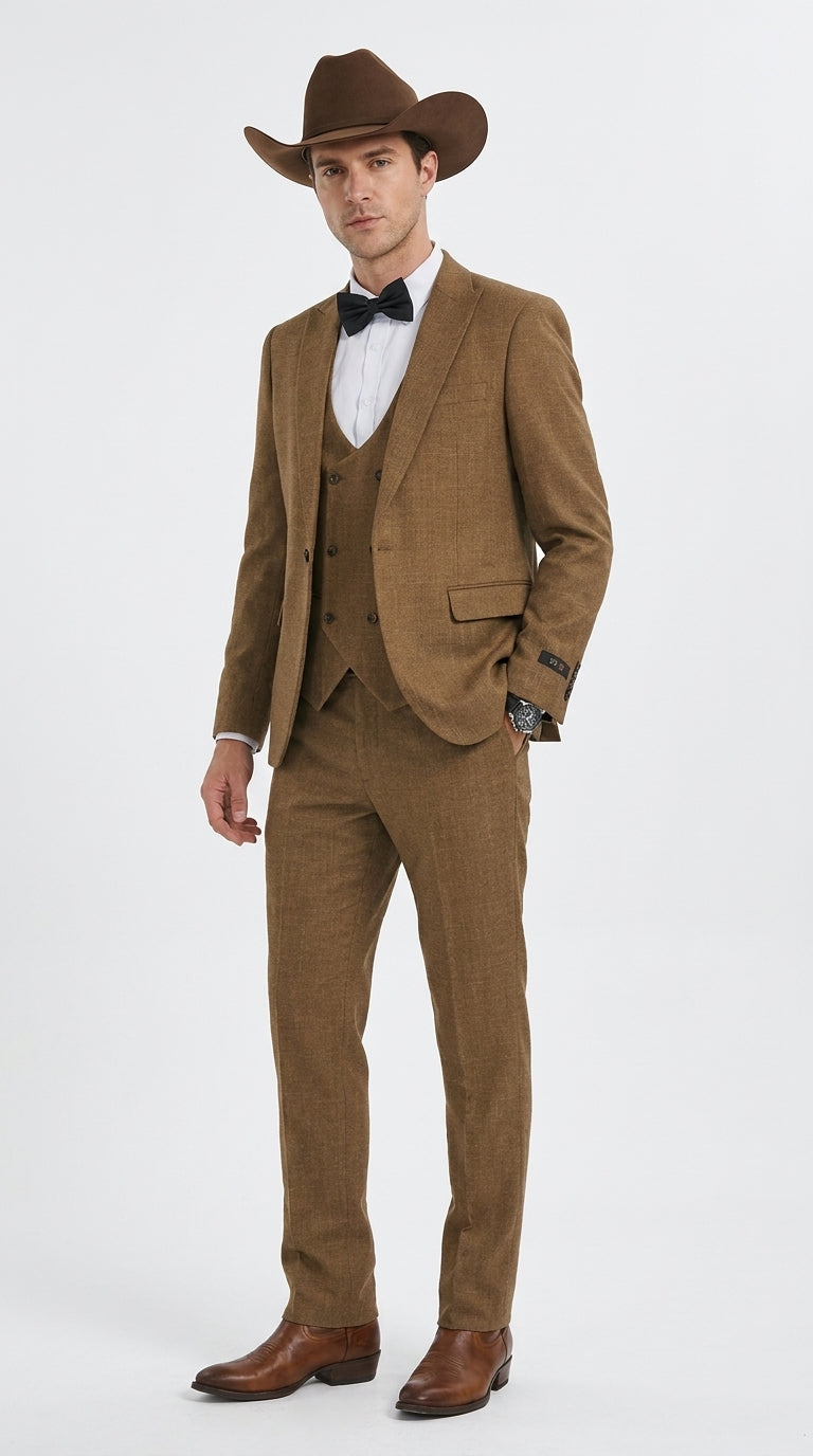 Men’s Light Brown Western 3-Piece Suit – Cowboy Wedding Suit with Vest British Khaki Bronze Color
