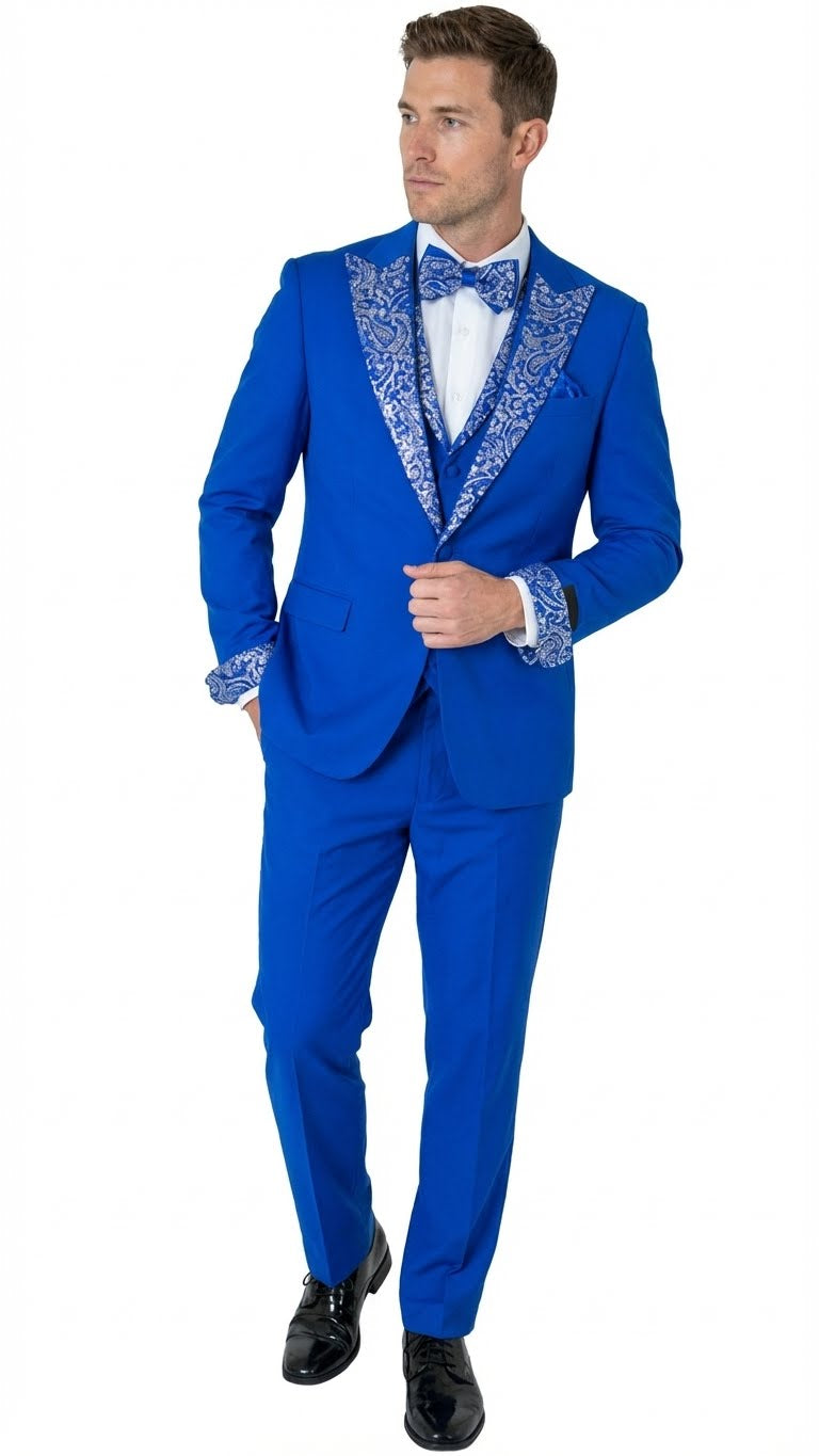 Men's Bright Royal Blue Lapel Embellished Tuxedo Suit, 3 piece Formal Wedding, Prom, Gala Outfit for Men Men's Bright Royal Blue Lapel Embellished Tuxedo Suit, 3 piece Formal Wedding, Prom, Gala Outfit for Men