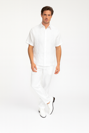 Mens Linen White Embroidered Guayabera Two-Piece Set Short Sleeve Shirt and Pants - Summer Walking Suit