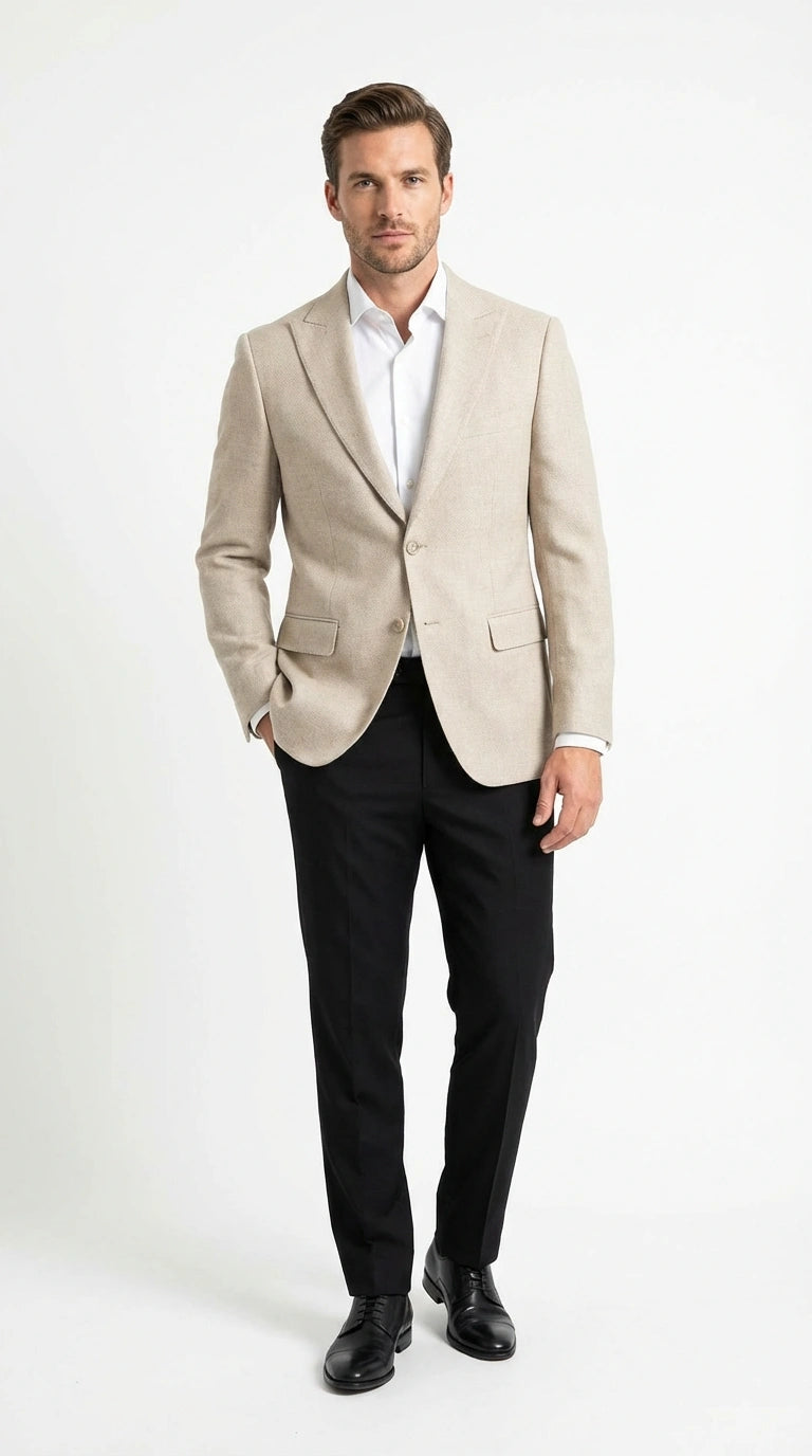 Zacchi Men's Beige Hopsack Blazer Classic Two Buttons Sport Coat With Peak Lapel Formal Jacket for Men