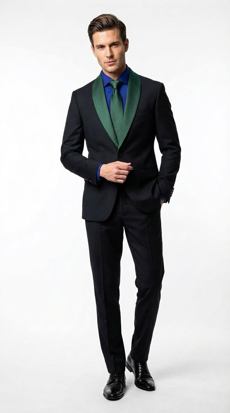 34 Men's Black Suit with Hunter Green Shawl Lapel – Black and Hunter Green Formal Tuxedo Suit for Wedding, Prom With Bow Tie