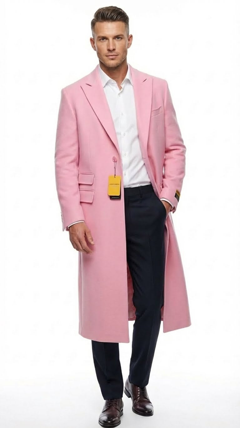 Men's Pink Wool Blend Long Overcoat, Slim Fit Tailored Winter Coat for Men
