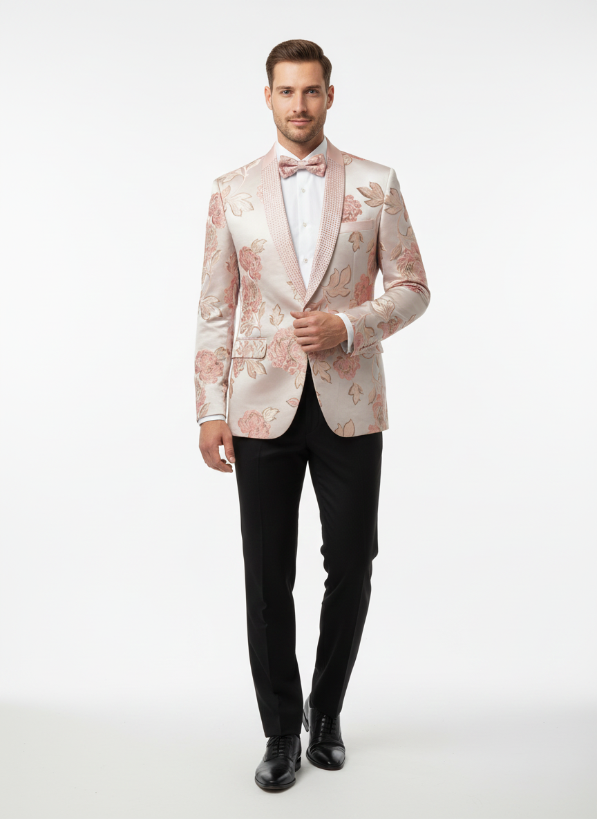 Men's Pink Floral Jacquard Blazer with Embellished Shawl Lapel