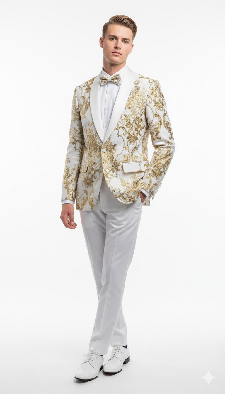 34 Mens White and Gold Floral Tuxedo Jacket with Satin Lapel Luxury Prom, Wedding and Formal Dinner Blazer 34 Mens White and Gold Floral Tuxedo Jacket with Satin Lapel Luxury Prom, Wedding and Formal Dinner Blazer