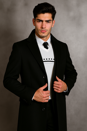 Men's Black Wool Overcoat Big & Tall Dress Topcoat in Dark Color