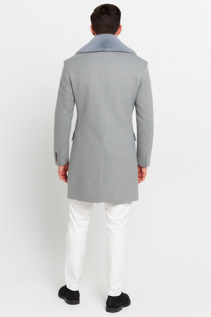Mens Light Grey Double Breasted Overcoat with Faux Fur Shawl Collar Winter Luxury Coat Wool Fabric