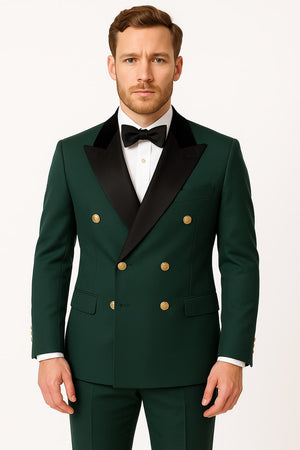 Men's Green Double-Breasted Wedding Tuxedo with Black Velvet Lapel and Gold Buttons
