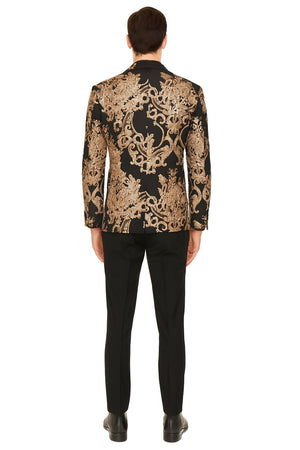 Mens Black and Rose Gold Floral Embroidered Blazer Suit Black Pants Luxury Tuxedo Jacket for Weddings, Proms and Parties