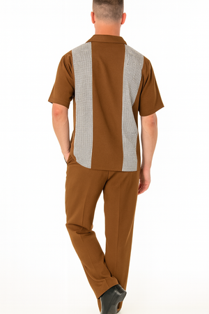 Mens Cognac Tan Two-Piece Outfit Short Sleeve Button-Up Shirt and Pants Set