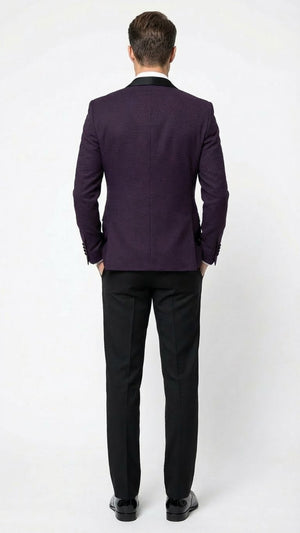 Mens Eggplant Plum Purple Tuxedo Blazer with Satin Lapel, White Tuxedo Shirt and Matching Purple Bow Tie - Slim Fitted - Prom wedding Suit With Pants