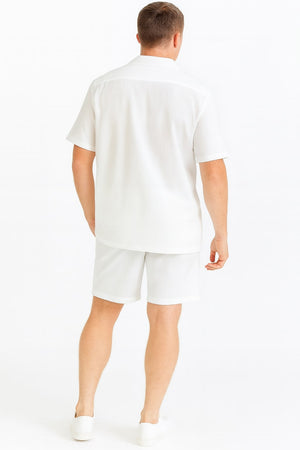 Mens White Seersucker Short Set Lightweight Summer Outfit with Shirt and Shorts