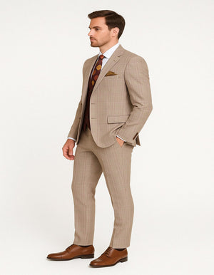 Men's Light Brown Plaid Suit with Burgundy Vest and Colorful Floral Tie 3 Piece Set - Taupe Windowpane Pattern