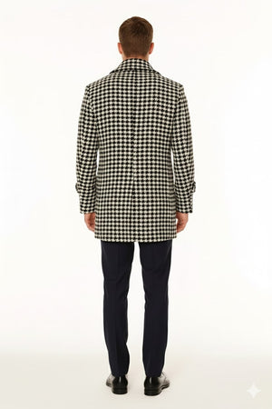 Mens Houndstooth Double-Breasted Overcoats Classic Black and White Wool Blend Peacoat Wool Fabric