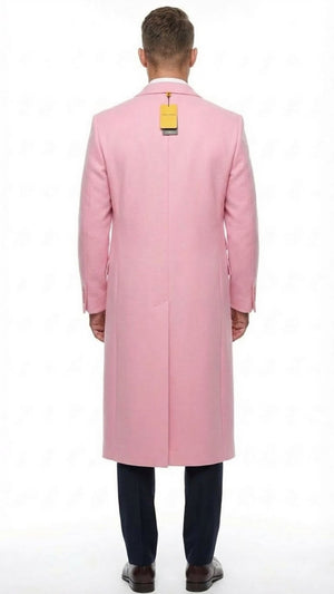 Mens Pink Wool Blend Long Overcoat Slim Fit Tailored Winter Coat - Carcoat - Topcoat