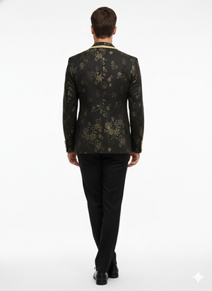 Mens Black and Gold Embroidered Luxury Blazer Designer Floral Pattern Wedding & Party Jacket (Sim534)