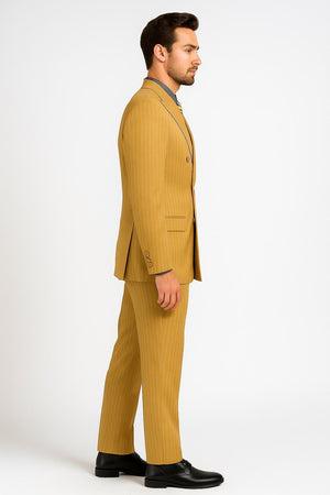 Mens Camel Tan Pinstripe Double-Breasted Suit Bold 6-Button Modern Vintage Style