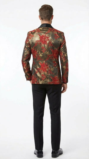 Mens Red and Gold Floral Pattern Paisley Shawl Lapel | Luxury Evening and Party Wear Jacket Prom Christmas New Year Blazer