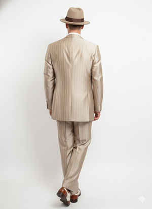 Mens 1920s Vintage Beige Pinstripe Three-Piece Suit Classic Fit Jacket, Vest and Trousers - Champaign Tan Color