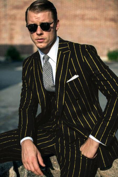 Men's Classic Bold Chalk Gangster Stripe 3 Button Pinstripe Suit Black