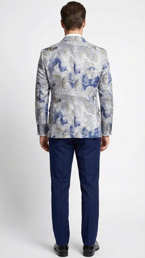Mens Navy Blue and Gray Paisley Print Blazer Prom Jacket for Formal, Party, and Evening Wear