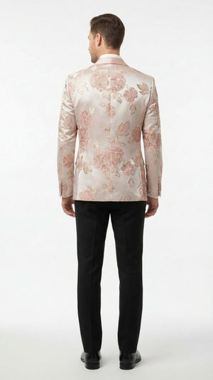 Mens Pink Blush Floral Jacquard Blazer with Embellished Shawl Lapel Luxury Party and Wedding Wear Jacket