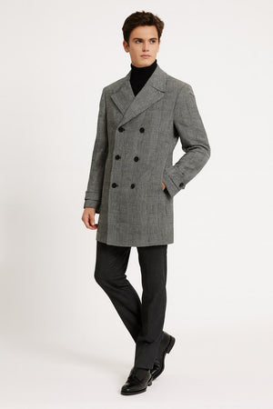 Mens Grey Plaid Double-Breasted Overcoat with Black Faux Fur Collar Classic Winter Peacoat