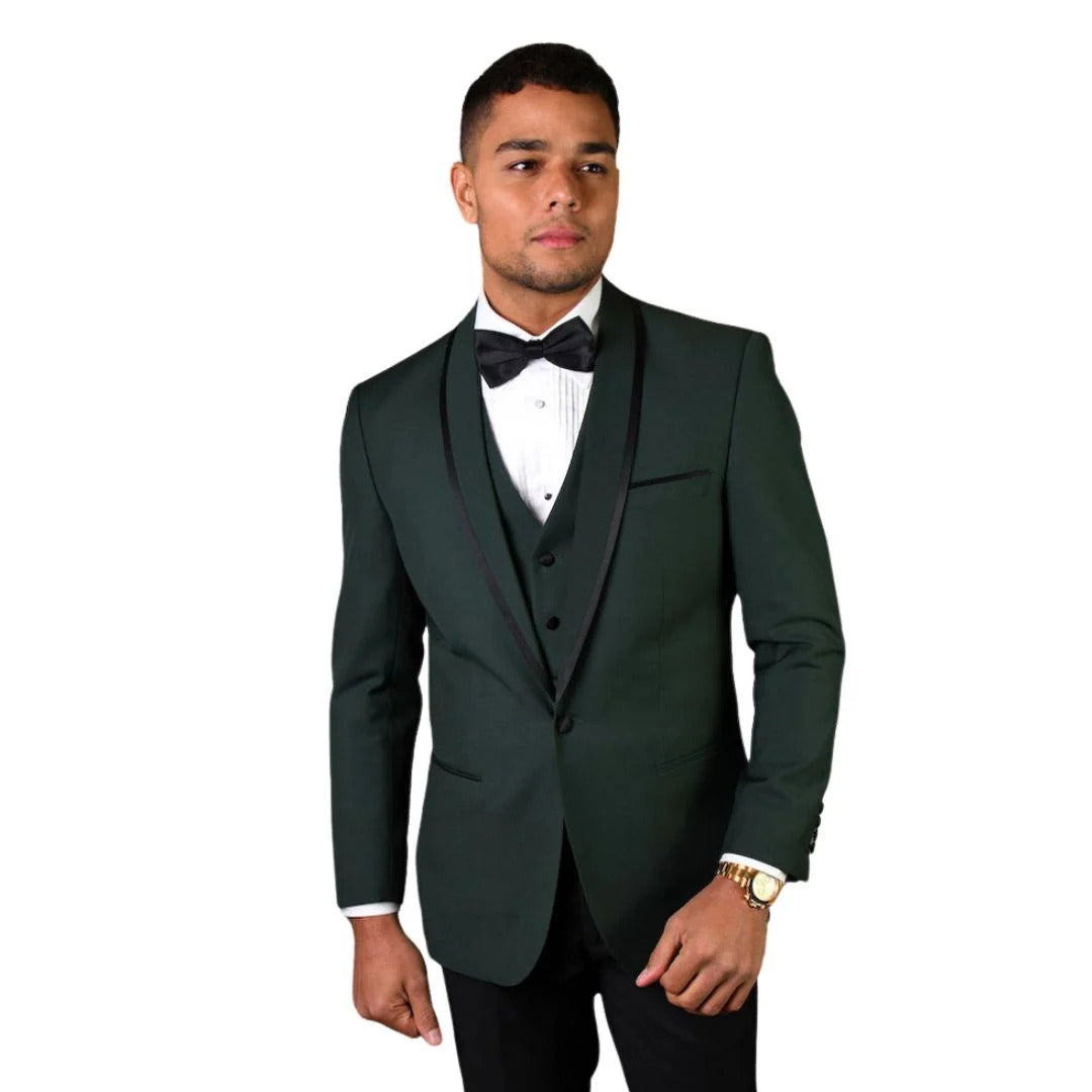 3-Piece Tailored Fit Wool Suit with Bow Tie and Flat Front Pants - Hunter