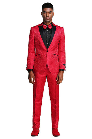 Men's One Button Slim Fit Paisely Wedding & Prom Tuxedo In Red