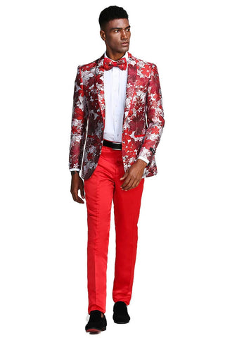 Men's Slim Fit Paisely Prom Tuxedo Jacket In Red & Silver