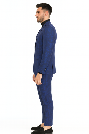 Mens Sapphire Blue Paisley 3-Piece Suit Slim Fit Designer Tuxedo Set for Weddings and Formal Events in Cobalt Blue Color