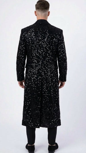 Mens Black Sequin Long Coat with Satin Shawl Lapel Luxury Statement Evening Overcoat