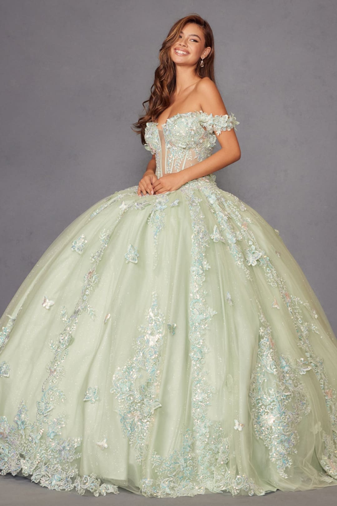 3D Butterfly Off Shoulder Ball Gown by Juliet JT1485J - Quinceanera Dresses