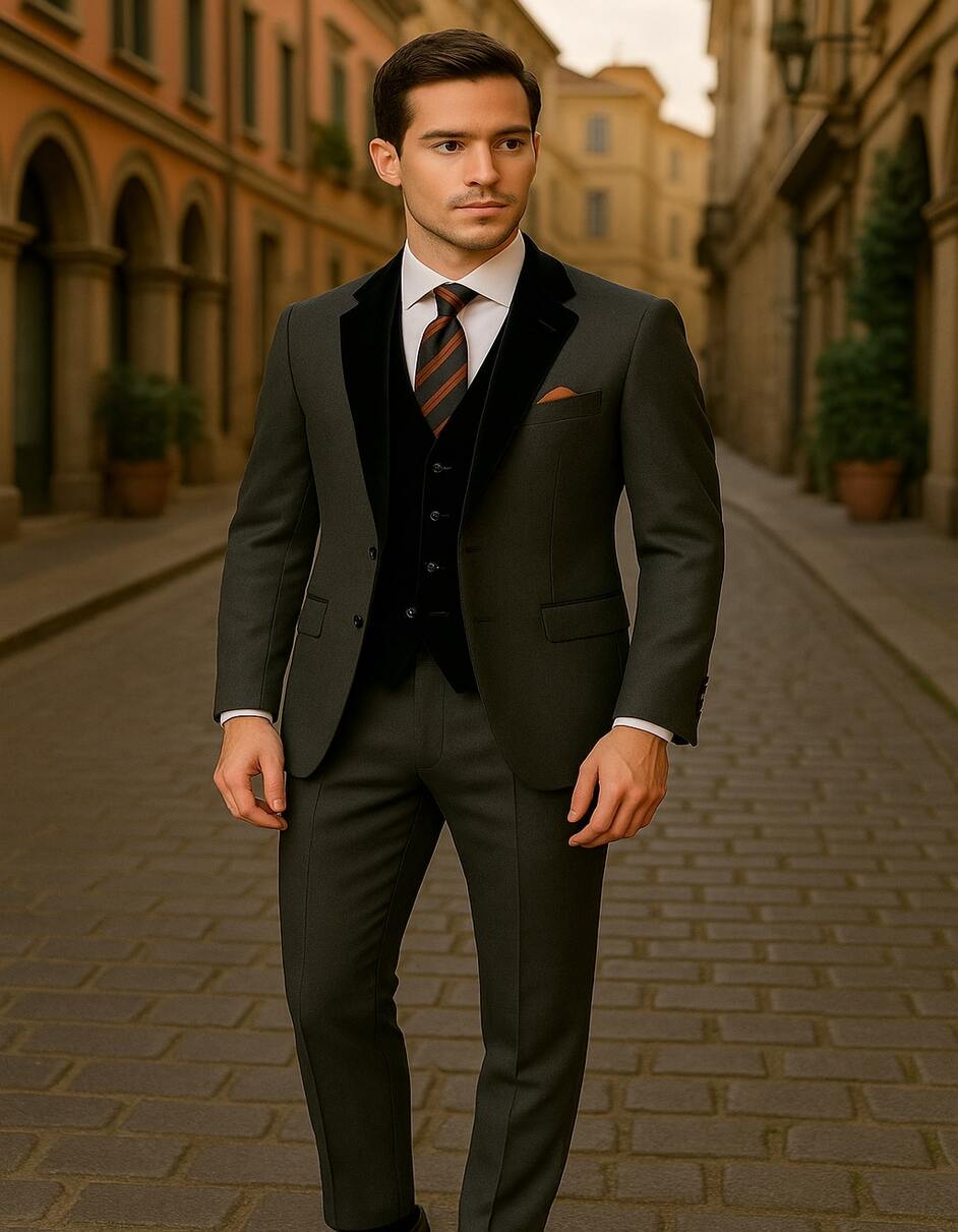 Men's Charcoal Gray 3-Piece Suit with Black Velvet Lapel Formal Business and Wedding Attire - Gray Tuxedo