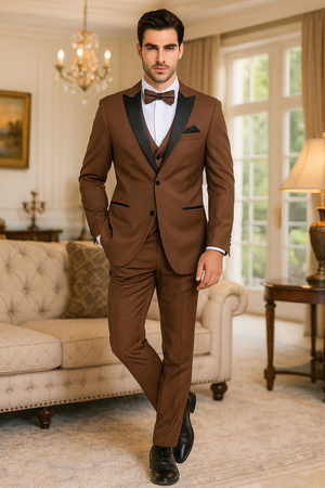 Mens Light Brown Tuxedo Suit with Black Satin Lapel 3 Piece Formal Wedding & Prom Outfit - Country Look