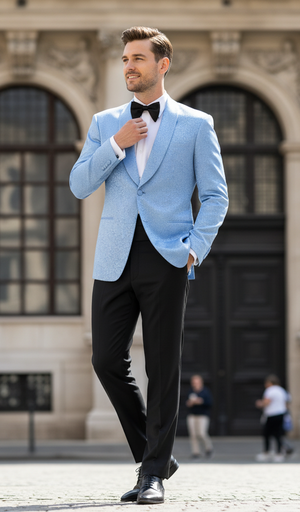 Mens Light Blue Paisley Tuxedo Jacket Elegant Satin Shawl Lapel Dinner Blazer for Weddings, Proms in Sky Powder Blue Color Bowtie
