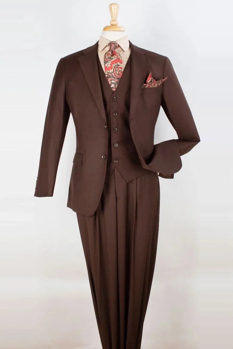 Mens Classic Fit Brown 3-Piece Suit with Two-Button Jacket
