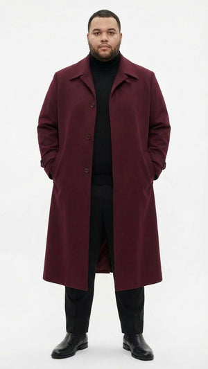 Mens Full-Length Burgundy Overcoat Microfiber 4 season fabric Long Formal Coat with Classic Tailored Maxi Duster Coat