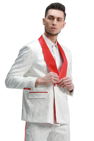 Men's Slim Fit Double Breasted Paisely Smoking Jacket Prom & Wedding Tuxedo In White & Red
