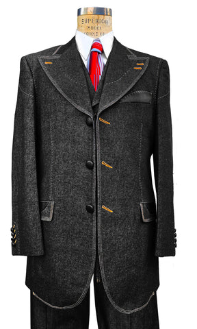 Denim Suit - Cotton Fabric Vested Suit - 3 Pieces Suit - Vested Fancy  Black Suit