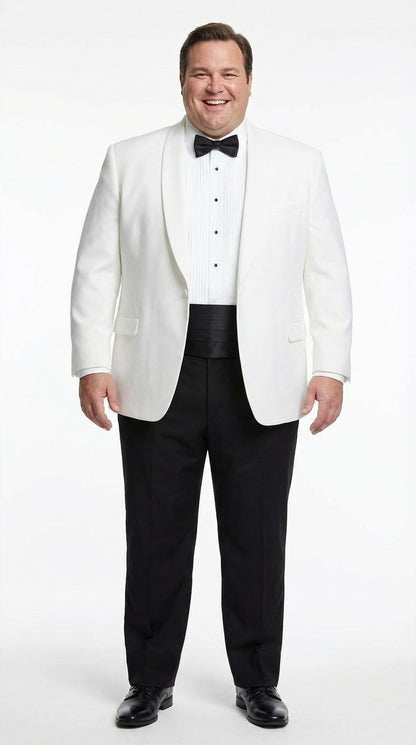 Men's White Dinner Jacket Tuxedo Blazer with Black Satin Shawl Lapel With Black Tuxedo Pants