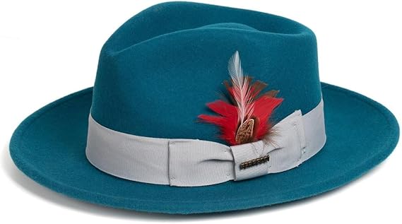 Gangster 100% Australian Wool Crushable Mens Fedora Hat - Removable Feather Gangster Look Brimmed Mens Fedora Hat
