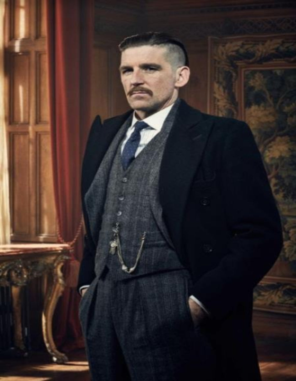 Arthur Shelby Vested Gray Plaid Peaky Blinders Suits - Peaky Blinders Outfit Black Double Breasted Overcoat (Peaky Blinder Custome)