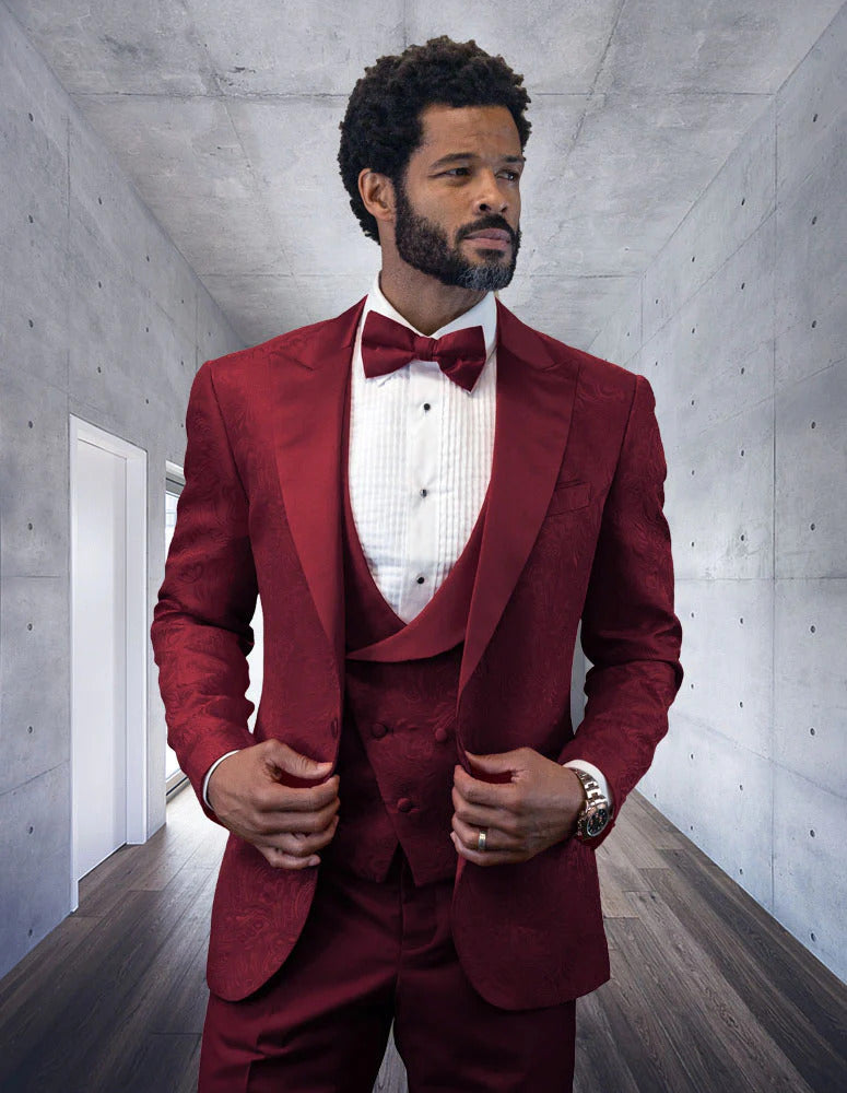 Statement Men'S Burgundy Patterned Vested Tuxedo With Bow Tie - Men's Tuxedo USA
