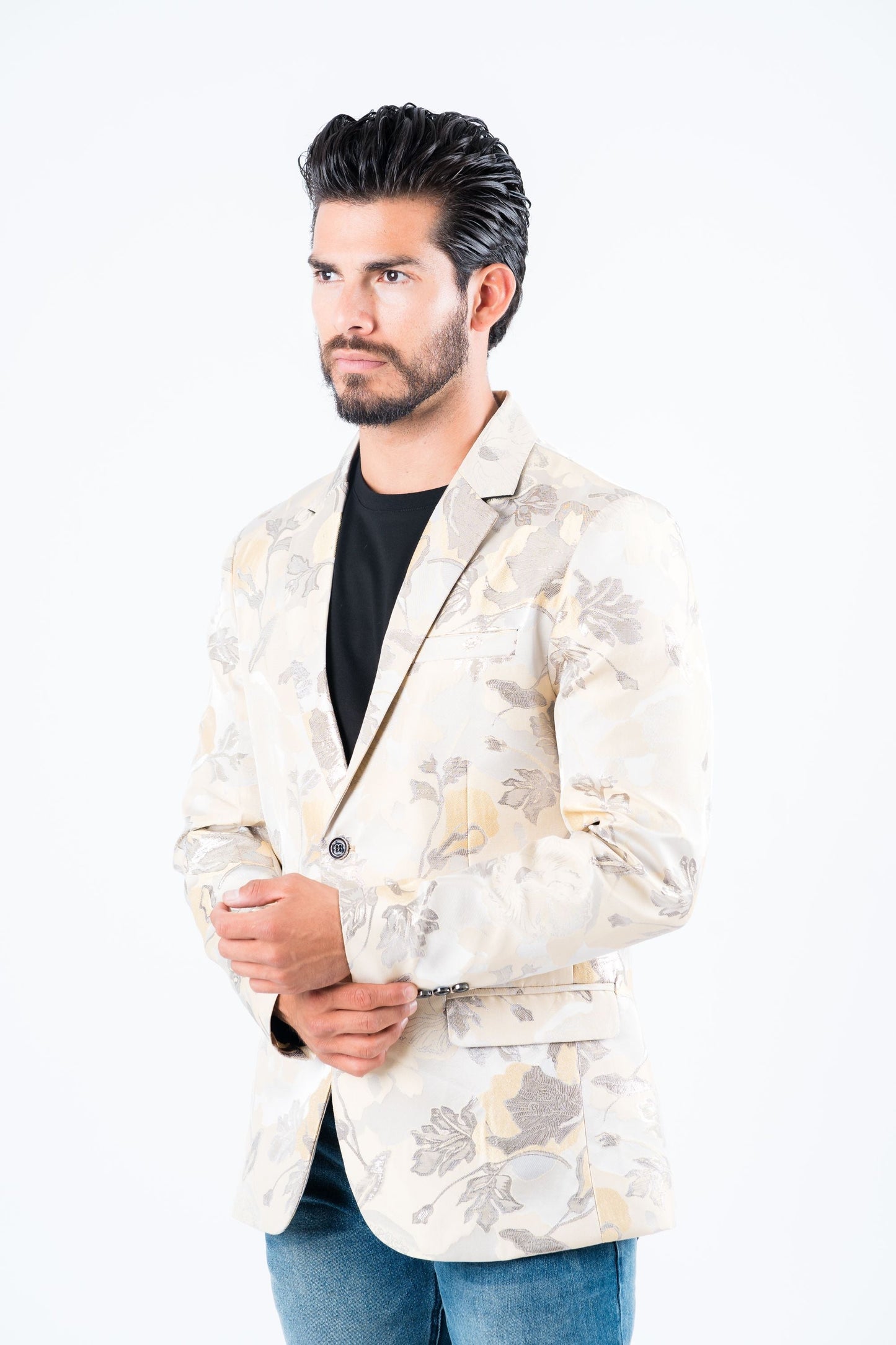 Men’s Elegant Beige Floral Print Blazer with Double Buttons