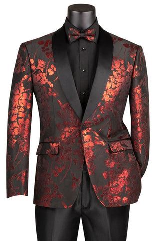 Men's Shiny Foil Floral Paisely Prom & Wedding Tuxedo Jacket In Red