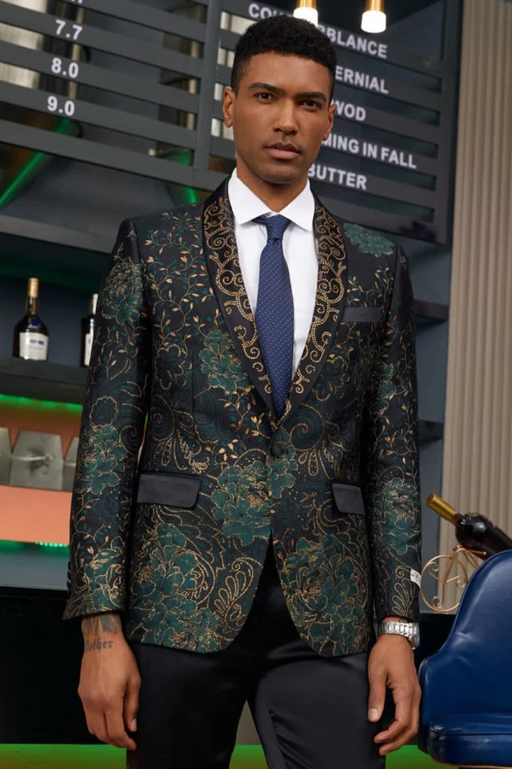 52 Mens Blazer - Cheap Priced Mens Sport Coat - Men's Stacy Adam's Designer Prom & Wedding Tuxedo Jacket In Green & Gold Floral Paisley 52 Mens Blazer - Cheap Priced Mens Sport Coat - Men's Stacy Adam's Designer Prom & Wedding Tuxedo Jacket In Green & Gold Floral Paisley
